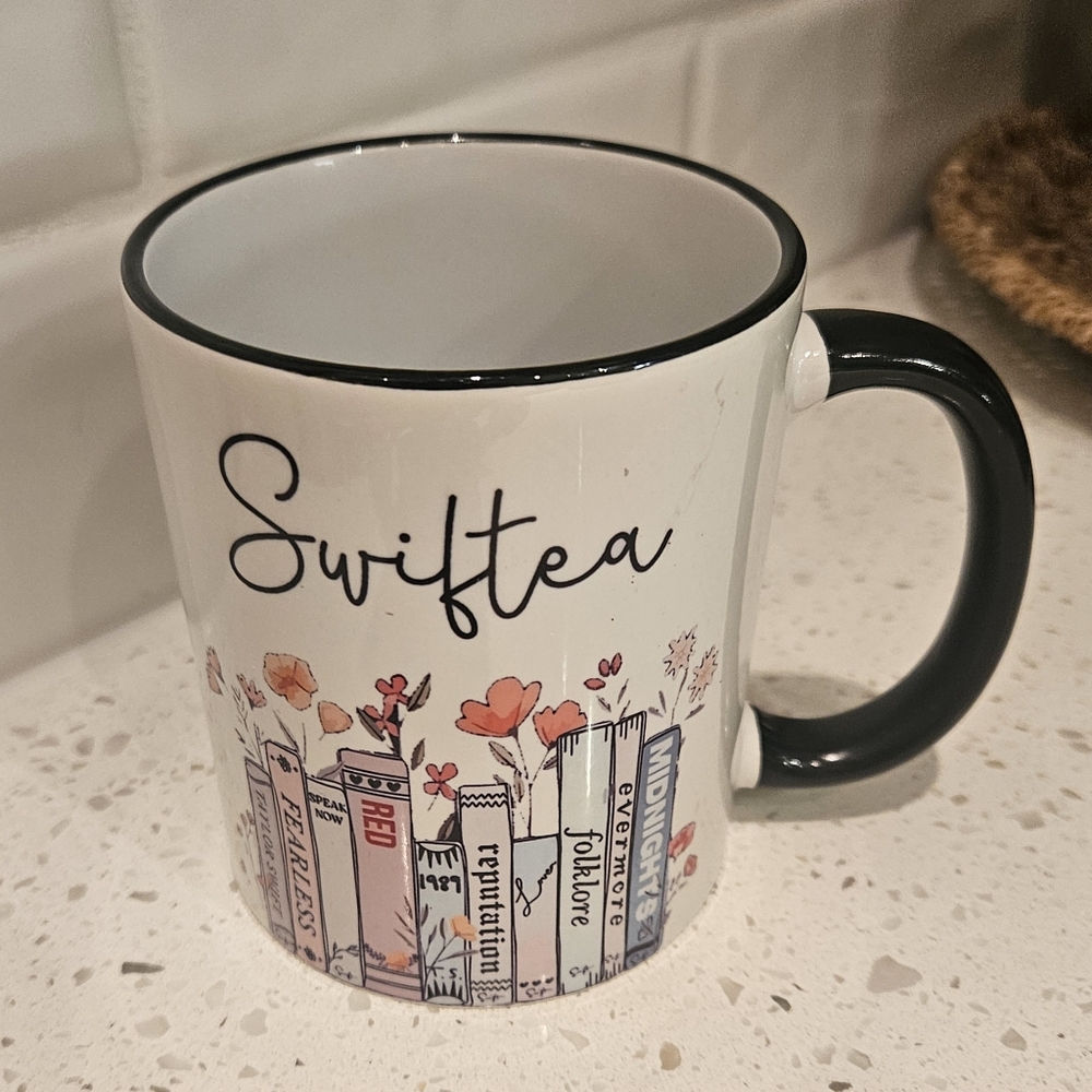 Taylor Swift "Swiftea" Book-Themed Ceramic Mug - White with Black Trim